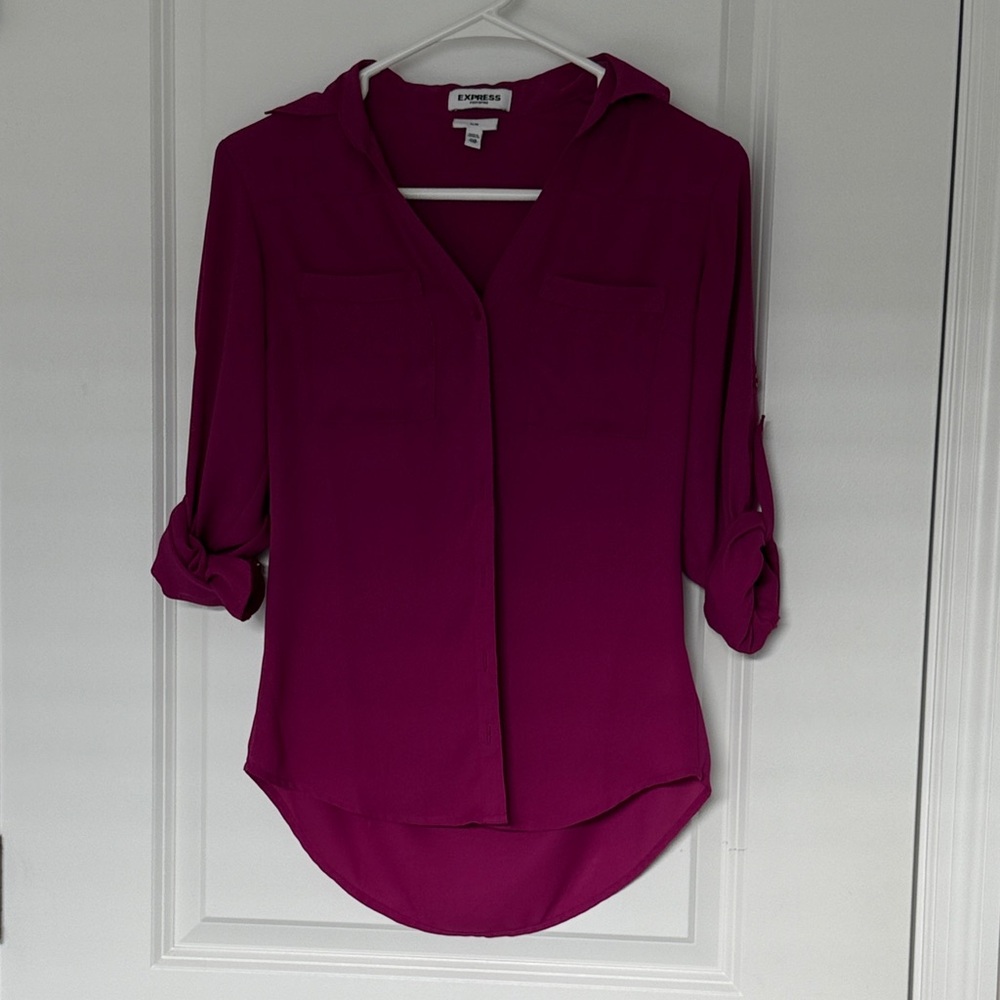 Express Women's Fuchsia Roll-Tab Portofino Slim XXS blouse. Like new.